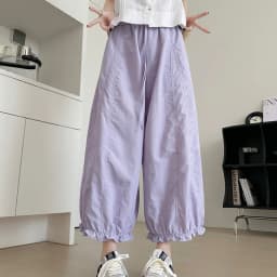 Korean Fashion Ruffles Lantern Pants Woman Summer Loose Ankle Length Wide-leg Trousers Women Solid Elastic Waist Casual Pants