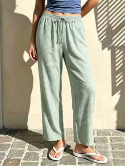 Women Loose Plaid Pants Casual Loose Elastic Straight Wide Leg Trousers with Pockets for Work Office Streetwear