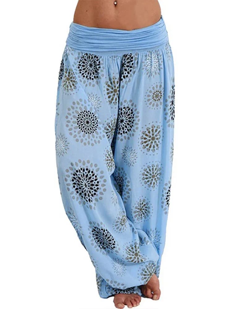 Women's Pants Floral Printed Patchwork Pleaded Harem Pants Bohemian Female High Waist Wide Leg Trousers Casual Ladies Streetwear