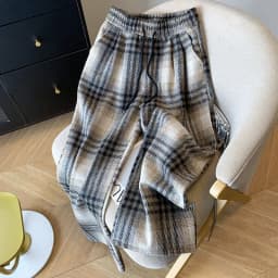 Fall Winter Faux Woolen Plaid Pants Women Loose Vintage High Waist Pockets Straight Trousers New American Retro Streetwear Pant