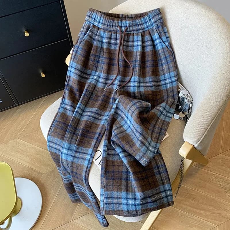 Fall Winter Faux Woolen Plaid Pants Women Loose Vintage High Waist Pockets Straight Trousers New American Retro Streetwear Pant