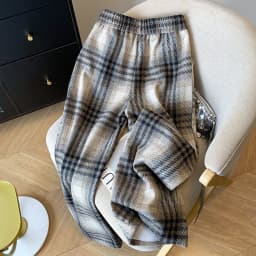 Fall Winter Faux Woolen Plaid Pants Women Loose Vintage High Waist Pockets Straight Trousers New American Retro Streetwear Pant