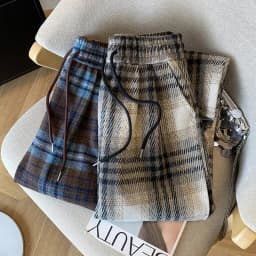 Fall Winter Faux Woolen Plaid Pants Women Loose Vintage High Waist Pockets Straight Trousers New American Retro Streetwear Pant