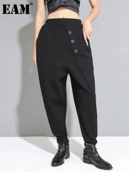 EAM High Elastic Waist Black Asymmetric Casual Pants New Loose Fit Trousers Women Fashion Tide Autumn 2026 1DF4643