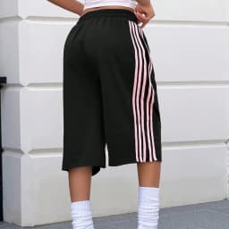 Women Y2K Side Striped Knee Length Sweat Shorts Elastic Waist Loose Wide Leg Bermuda Shorts Preppy Casual Sports Jorts Pockets