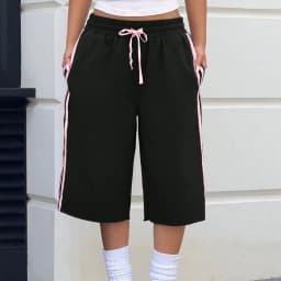 Women Y2K Side Striped Knee Length Sweat Shorts Elastic Waist Loose Wide Leg Bermuda Shorts Preppy Casual Sports Jorts Pockets