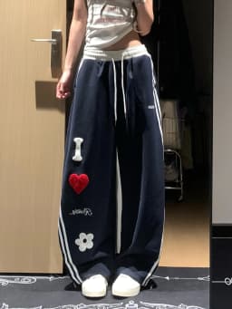 American Style Retro Letter Heart Embroidery Casual Pants Women's Autumn Straight Loose Wide Leg Pants Knife Sports Swea...