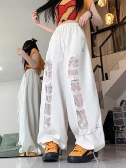 Y2k Hole Wide Leg Pant Women Streetwear Loose High Waist Lace Patchwork Trouser American Vintage Casual Harajuku Bf Pants