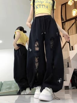 Y2k Hole Wide Leg Pant Women Streetwear Loose High Waist Lace Patchwork Trouser American Vintage Casual Harajuku Bf Pants