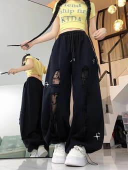 Y2k Hole Wide Leg Pant Women Streetwear Loose High Waist Lace Patchwork Trouser American Vintage Casual Harajuku Bf Pants