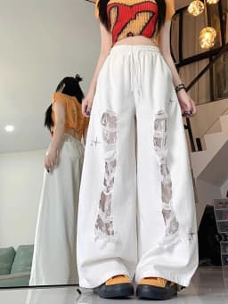 Y2k Hole Wide Leg Pant Women Streetwear Loose High Waist Lace Patchwork Trouser American Vintage Casual Harajuku Bf Pants