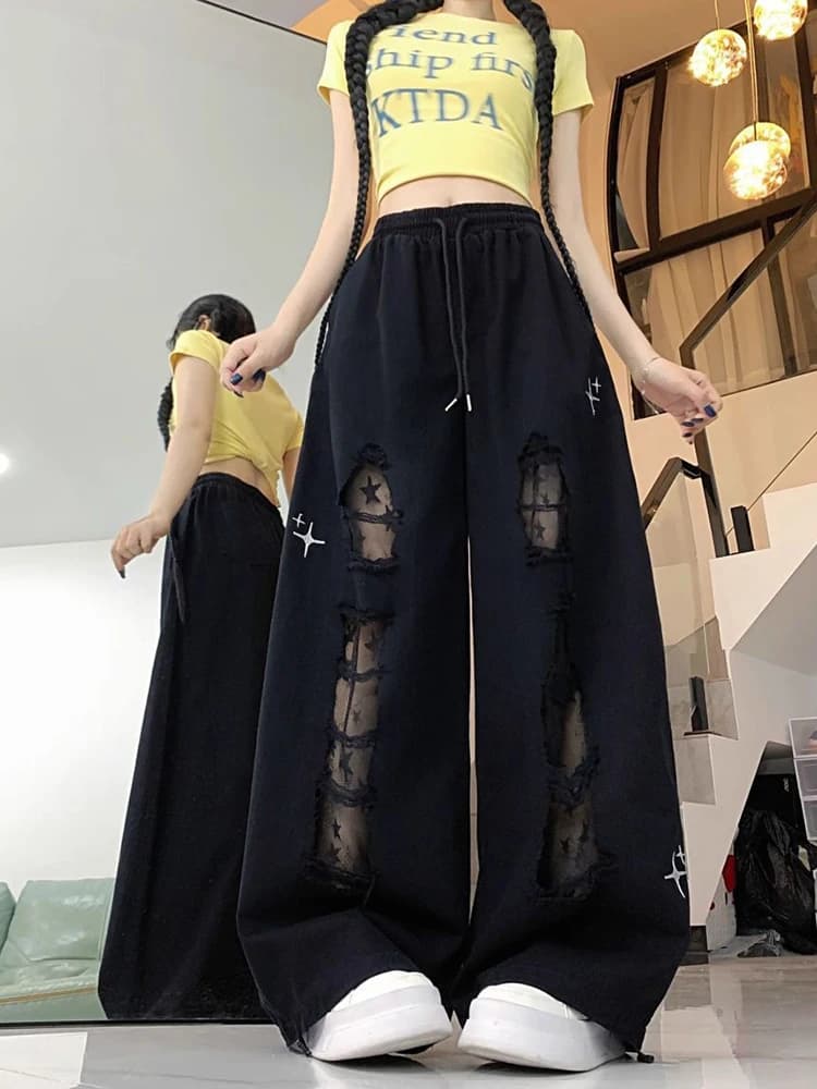 Y2k Hole Wide Leg Pant Women Streetwear Loose High Waist Lace Patchwork Trouser American Vintage Casual Harajuku Bf Pants