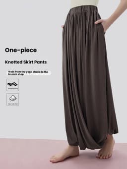 Women Casual Lazy Style Sports Long Pants Double Layer Knot Half Skirt Elastic Waist Slim Fit Pocket Outdoor Yoga Skirt Pants