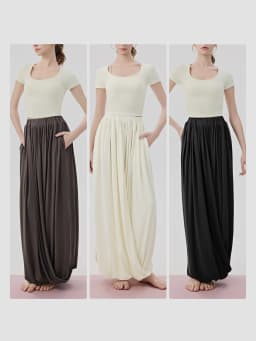 Women Casual Lazy Style Sports Long Pants Double Layer Knot Half Skirt Elastic Waist Slim Fit Pocket Outdoor Yoga Skirt Pants