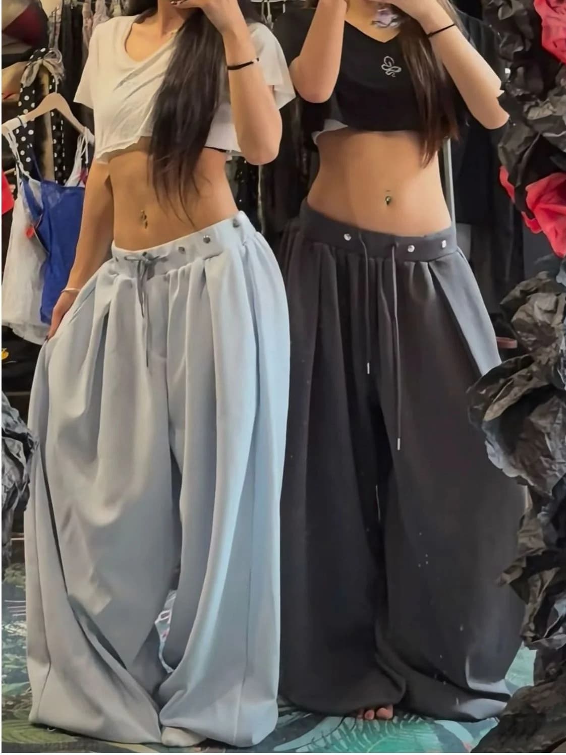 Retro Loose Fit Dance Wide Leg Pants Drawstring Rivet Casual Loose Draping Breathable High Waist Straight Cut Daily Wear