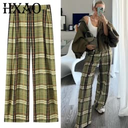 HXAO Plaid Baggy Pants Women's Pants Autumn 2025 Ladies Fashion Oversize High Waist Trousers Elegant Wide Leg Street Wear Pants