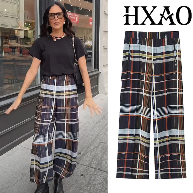 HXAO Plaid Women's Pants Baggy Wide Pants For Woman Autumn Minimalist Long Casual Pants Women Mid Waist Check Trousers Bottoms