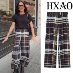 HXAO Plaid Women's Pants Baggy Wide Pants For Woman Autumn Minimalist Long Casual Pants Women Mid Waist Check Trousers Bottoms