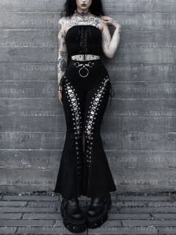 AltGoth Streetwear Gothic Pants Women Harajuku Cyber Punk Eyelet Lace-up Hollow Out High Waist Flare Pants Y2k Grunge Trousers