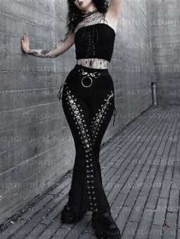 AltGoth Streetwear Gothic Pants Women Harajuku Cyber Punk Eyelet Lace-up Hollow Out High Waist Flare Pants Y2k Grunge Trousers