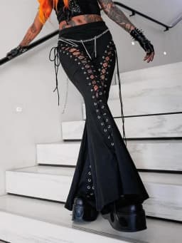 AltGoth Streetwear Gothic Pants Women Harajuku Cyber Punk Eyelet Lace-up Hollow Out High Waist Flare Pants Y2k Grunge Trousers