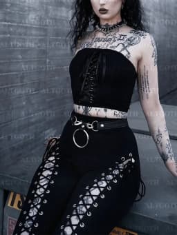 AltGoth Streetwear Gothic Pants Women Harajuku Cyber Punk Eyelet Lace-up Hollow Out High Waist Flare Pants Y2k Grunge Trousers