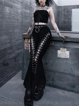 AltGoth Streetwear Gothic Pants Women Harajuku Cyber Punk Eyelet Lace-up Hollow Out High Waist Flare Pants Y2k Grunge Trousers