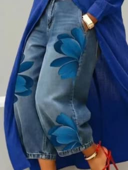 Women's Casual Floral Print Loose Jeans Fashion High Waist Cropped Wide Leg Denim Pants Chic New Daily Street Plus Size Trousers