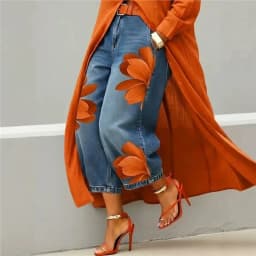 Women's Casual Floral Print Loose Jeans Fashion High Waist Cropped Wide Leg Denim Pants Chic New Daily Street Plus Size Trousers
