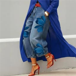 Women's Casual Floral Print Loose Jeans Fashion High Waist Cropped Wide Leg Denim Pants Chic New Daily Street Plus Size Trousers