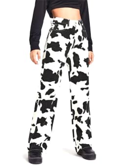 Women’s Fashion Jeans Cow Pattern High Waist Straight Long Pants Streetwear Denim Trousers