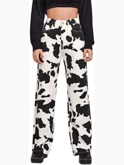 Women’s Fashion Jeans Cow Pattern High Waist Straight Long Pants Streetwear Denim Trousers