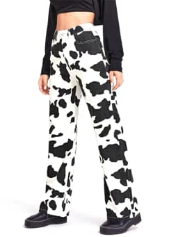 Women’s Fashion Jeans Cow Pattern High Waist Straight Long Pants Streetwear Denim Trousers