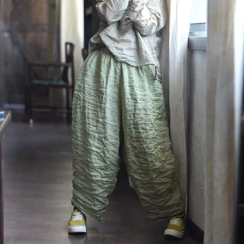 Women Loose Causal Ramie Wide Leg Autumn Pants Ladies Retro Solid Ramie Calf Length Pants Female 2026 Vintage Harem Trousers