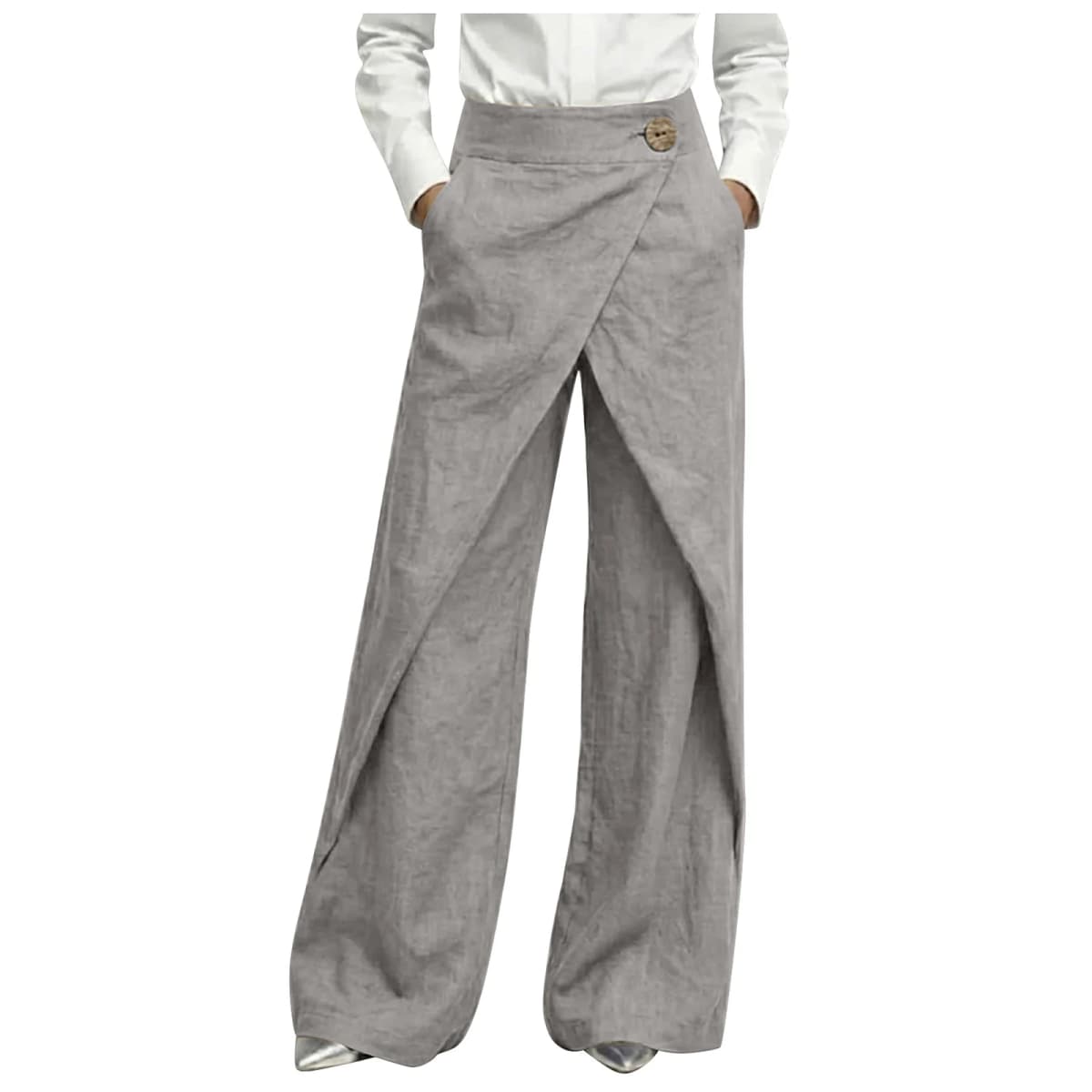 Womens Linen Wrap Wide Leg Pants High Waist Button Decor Asymmetrical Overlap Trousers Casual Loose Fit Office Lady Work Pants