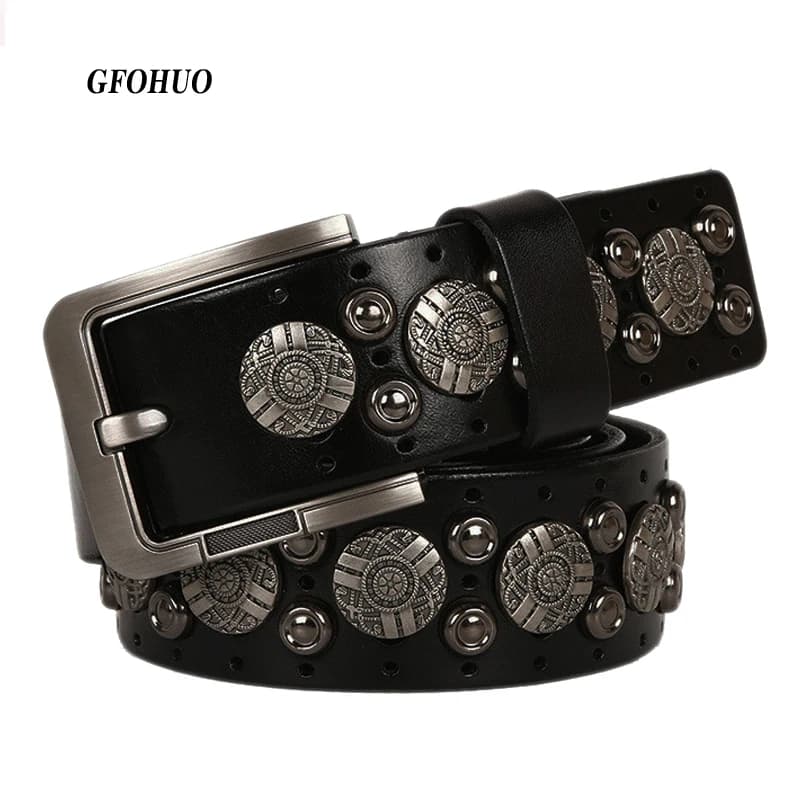 Hip Hop Metal Round Rivet Cowboy Belt Genuine Leather Cowskin Men Belt Punk Big Rivet Jeans Studded Belts For Men Ceinture Homme
