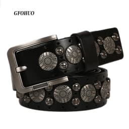 Hip Hop Metal Round Rivet Cowboy Belt Genuine Leather Cowskin Men Belt Punk Big Rivet Jeans Studded Belts For Men Ceinture Homme