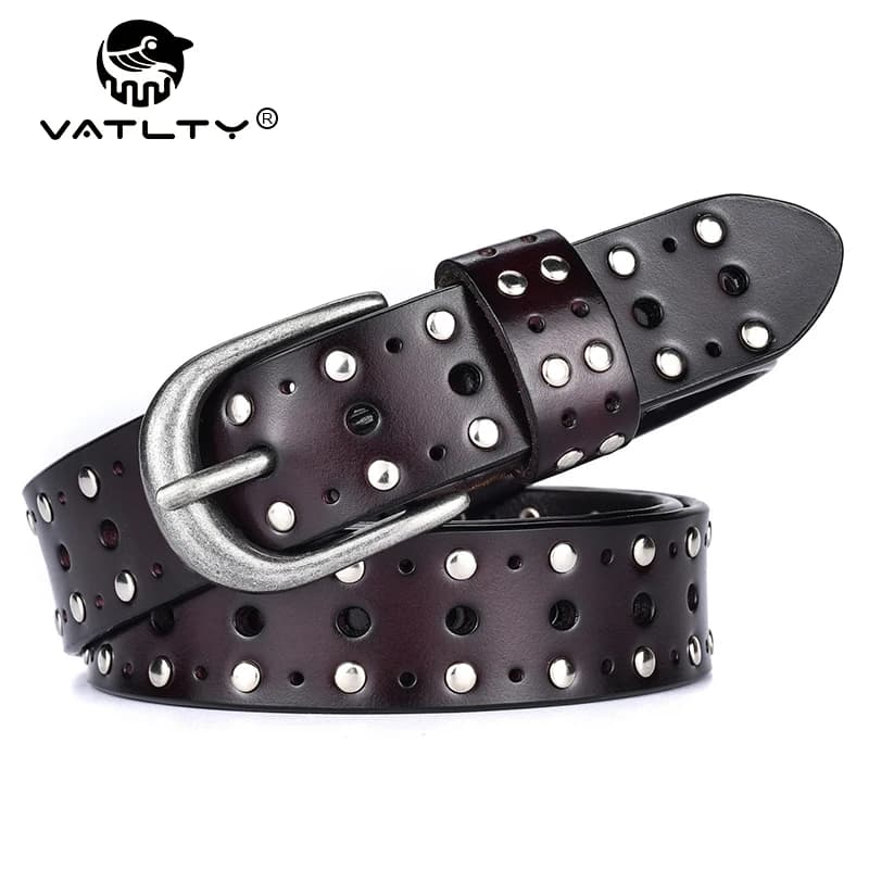 VATLTY Fashion Women's Leather Belt Alloy Buckle Rivet Punk Belt for Female 2.5cm Natural Cowhide Ladies Hip Hop Belt Waistband