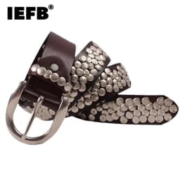 IEFB Punk Leather Belt Baggy Jeans Accessories Irregularly Shaped Circular Rivets Men's Clothing Y2k Decoration Hip Hop 9X955