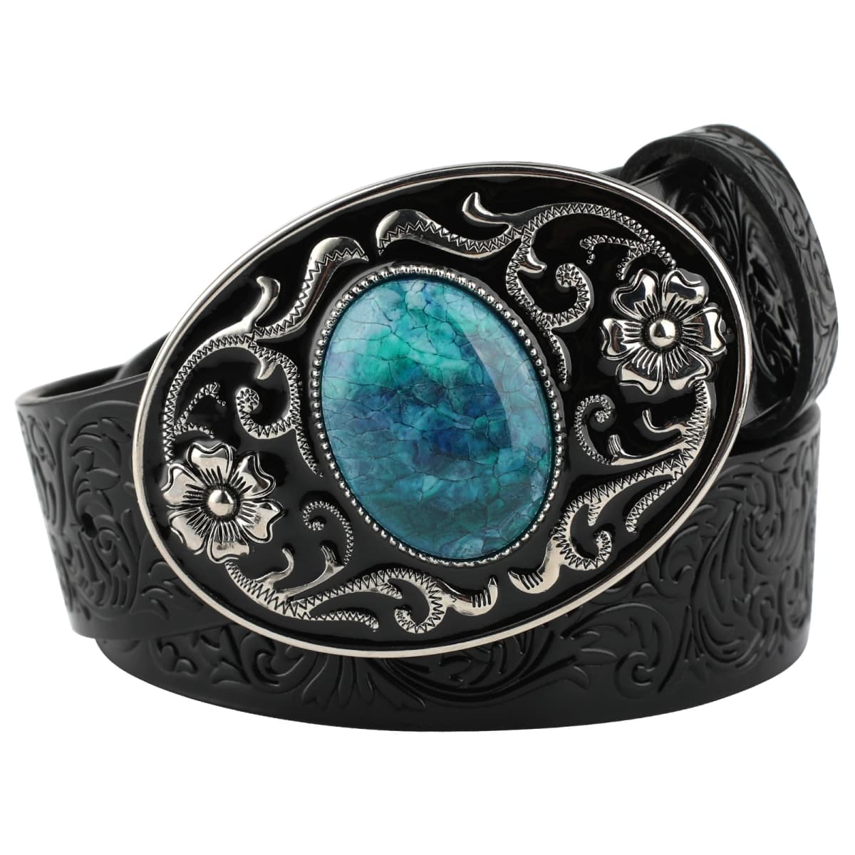 Women's Decorative Buckle Colorful Bead Embossed Split Leather Belt