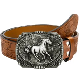 1pc Men's Western Style Belt, Wild Horse, Carved Floral Patterns and Long Horn Decorations, Retro Style, Great Valentine's Day G
