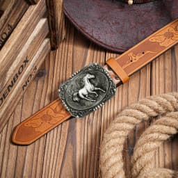 1pc Men's Western Style Belt, Wild Horse, Carved Floral Patterns and Long Horn Decorations, Retro Style, Great Valentine's Day G