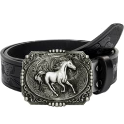 1pc Men's Western Style Belt, Wild Horse, Carved Floral Patterns and Long Horn Decorations, Retro Style, Great Valentine's Day G
