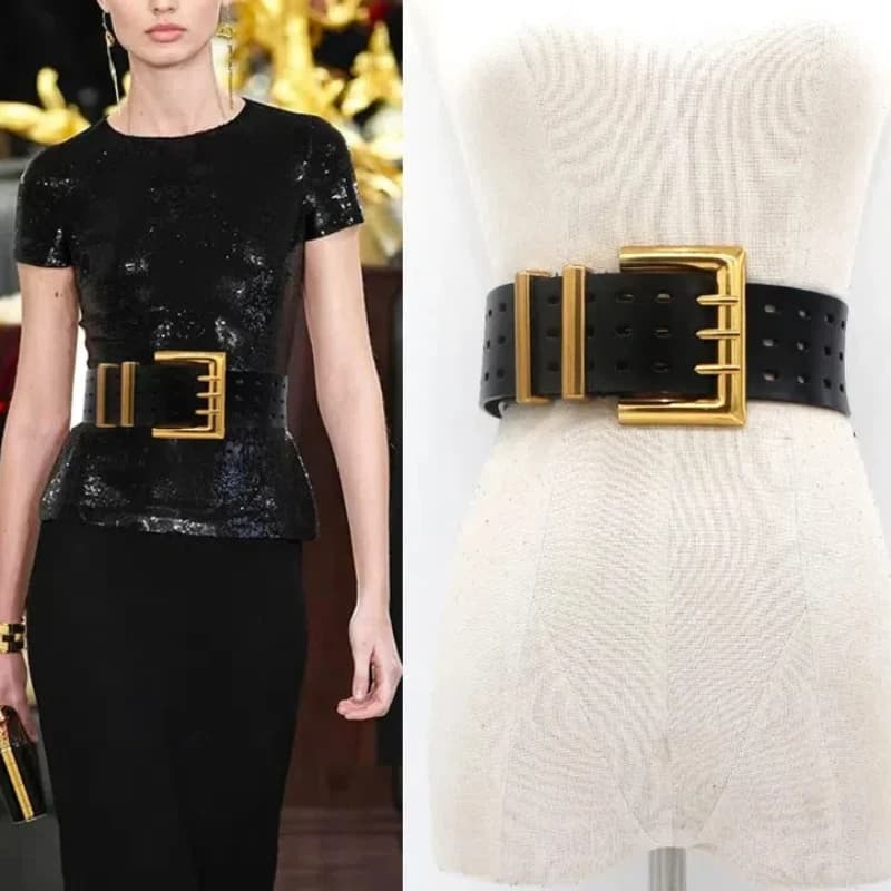 Genuine Leather Waist Seal Wide Eye Belts Lady's Three-row Needle Buckle Waist Seal Pure Cowhide Bronze Buckle Wide Belt