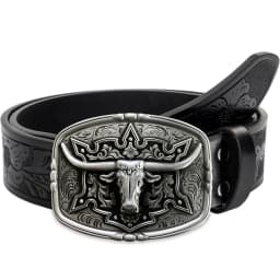 Western Cowboy Couple Style Men's Belt - Irregular Pattern Carving Flower Long Horn Cow Head Smooth Buckle Women's Belt - Countr