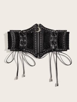 Retro Punk Lace Up Rivet Cummerbunds Waistband High Waist Hollow Corset Belts Black PU Leather Elastic Wide Waist Belt