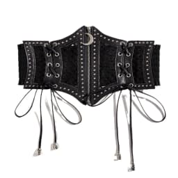 Retro Punk Lace Up Rivet Cummerbunds Waistband High Waist Hollow Corset Belts Black PU Leather Elastic Wide Waist Belt