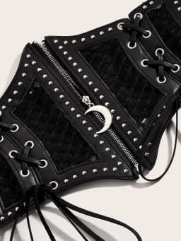 Retro Punk Lace Up Rivet Cummerbunds Waistband High Waist Hollow Corset Belts Black PU Leather Elastic Wide Waist Belt