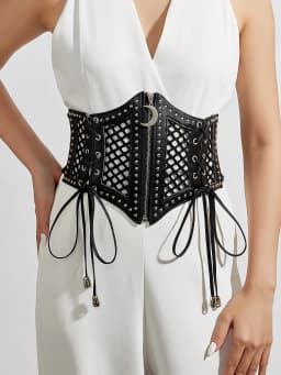 Retro Punk Lace Up Rivet Cummerbunds Waistband High Waist Hollow Corset Belts Black PU Leather Elastic Wide Waist Belt