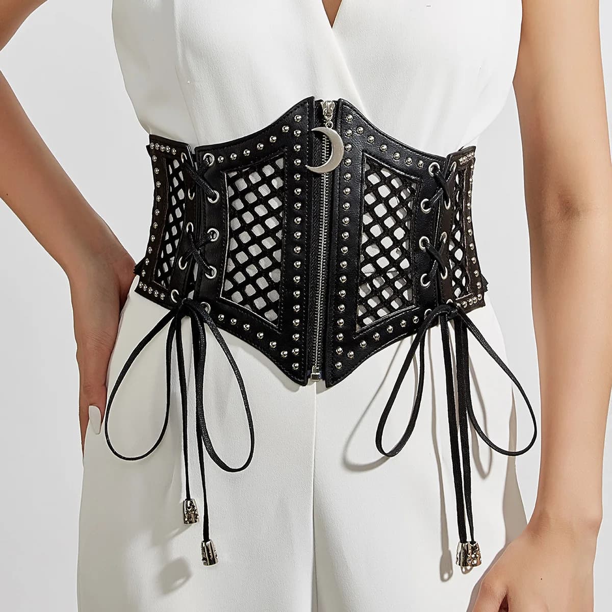 Retro Punk Lace Up Rivet Cummerbunds Waistband High Waist Hollow Corset Belts Black PU Leather Elastic Wide Waist Belt